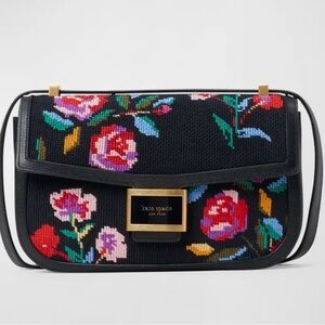 Kate Spade Black Floral Needlepoint Crossbody with Gold Hardware
